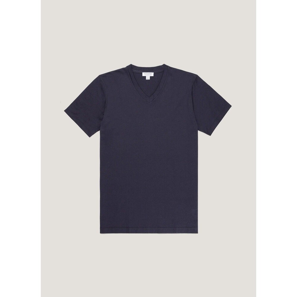 Sunspel England V-Neck T-Shirt Mens Medium Navy Blue Short Sleeve Preppy Stretch